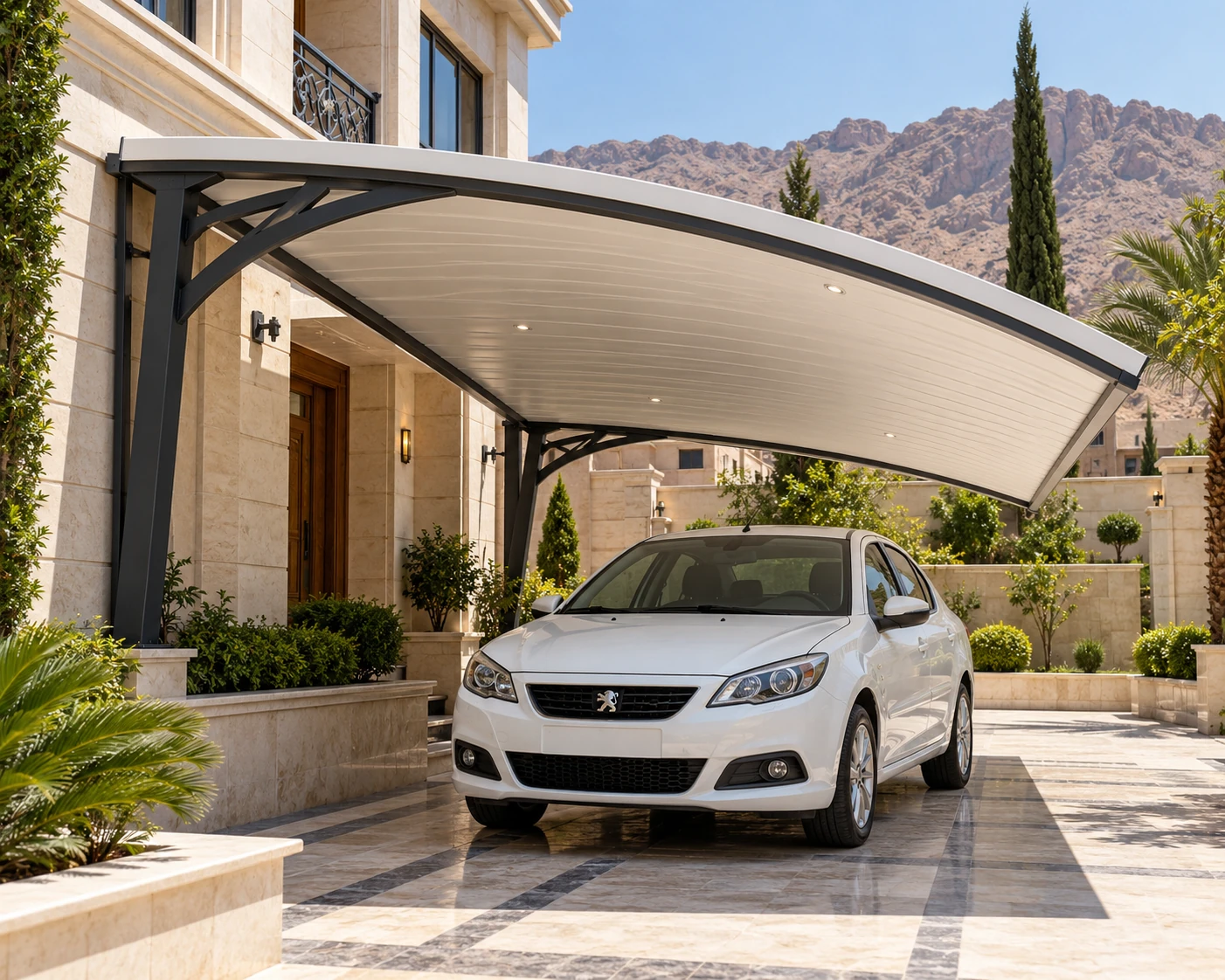 سایبان UPVC کنسولی پارکینگ در کرمان بدون پایه میانی